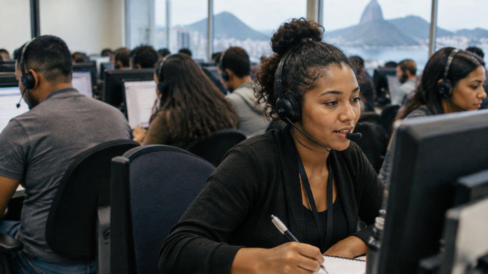Agents d'un centre de relation client à Rio de Janeiro travaillant avec des casques