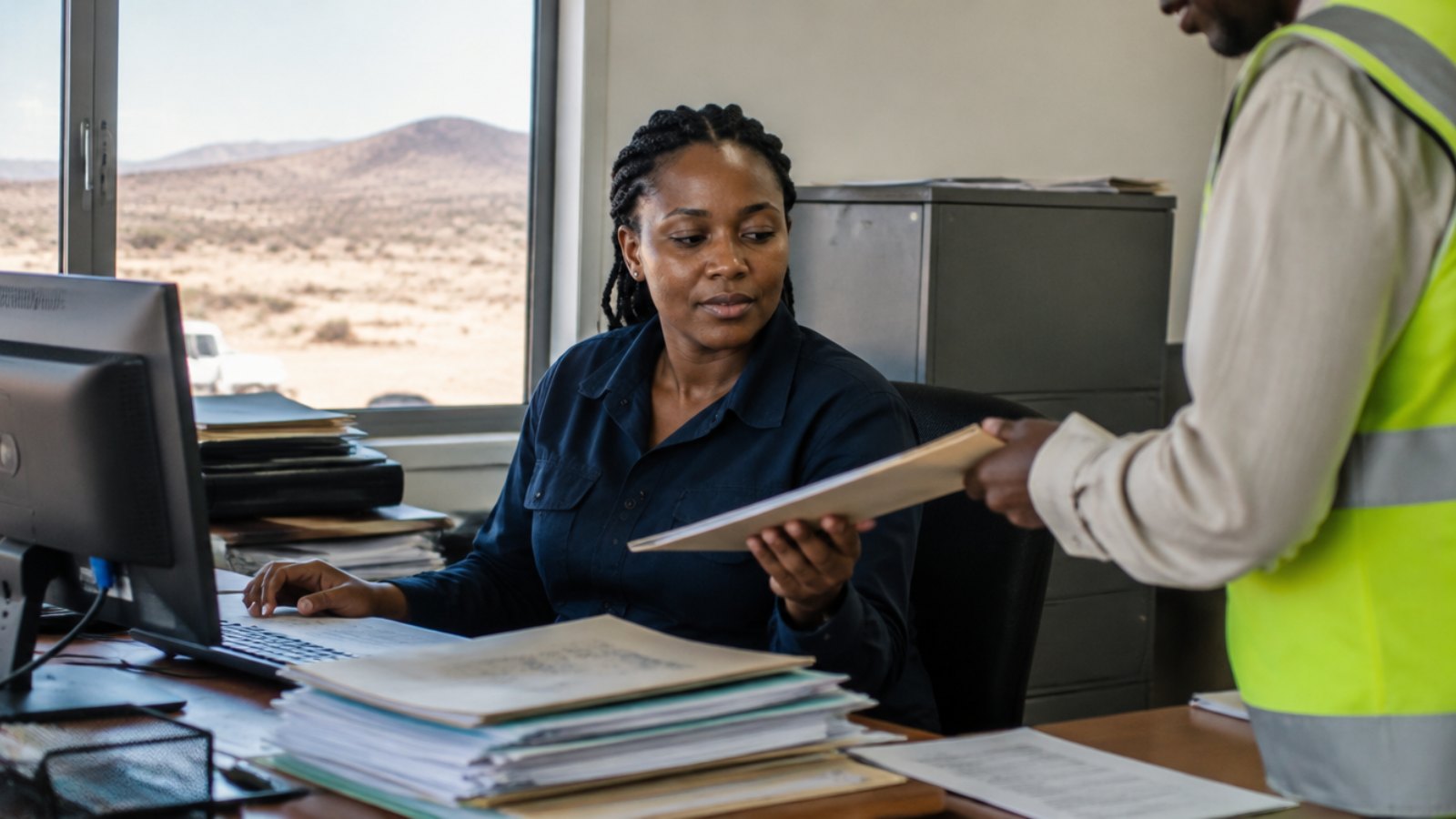 Oficina administrativa de una empresa minera en Namibia, una empleada gestiona expedientes en su ordenador