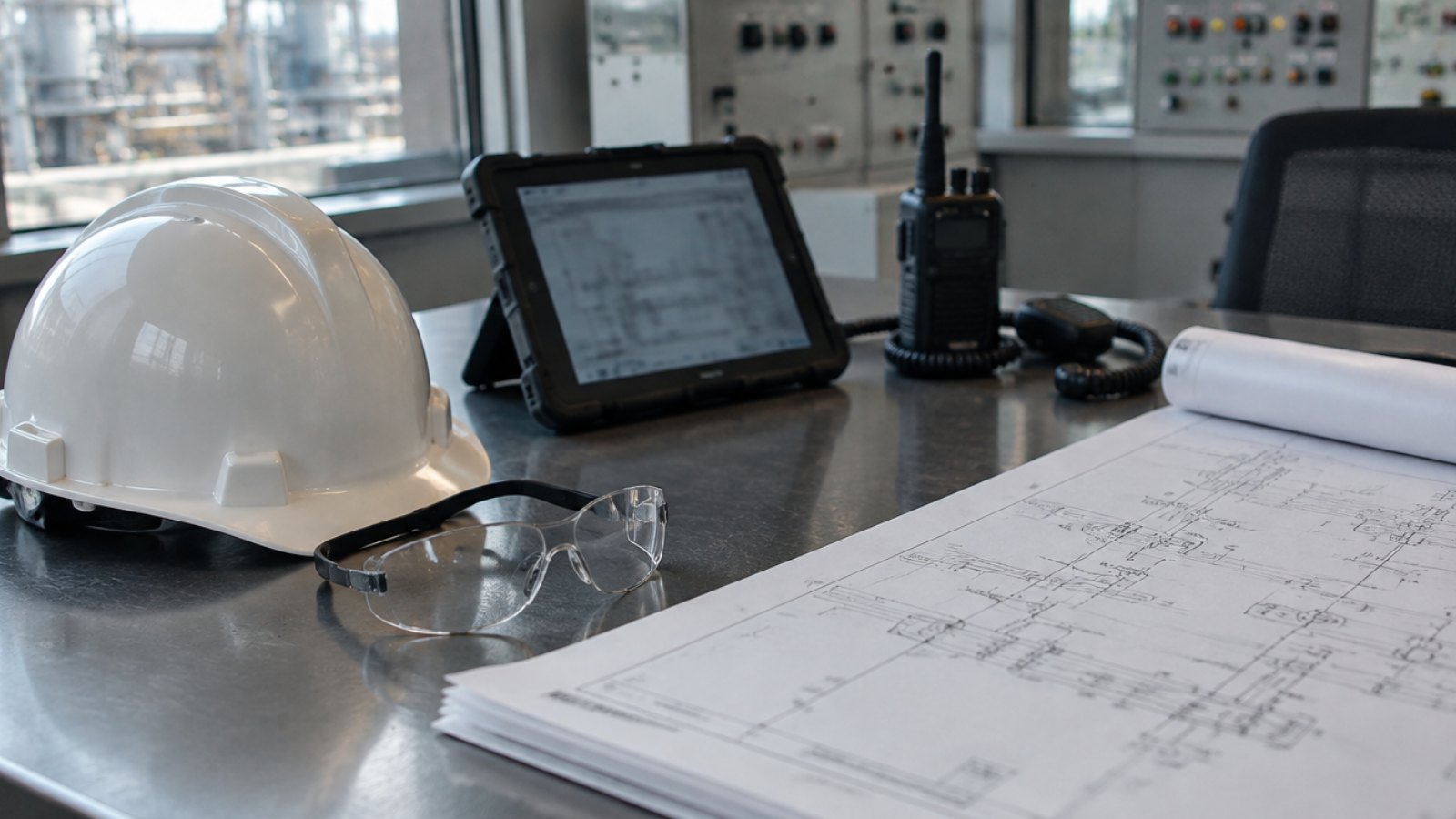 Safety helmet, tablet and process diagrams on a desk in an industrial control room