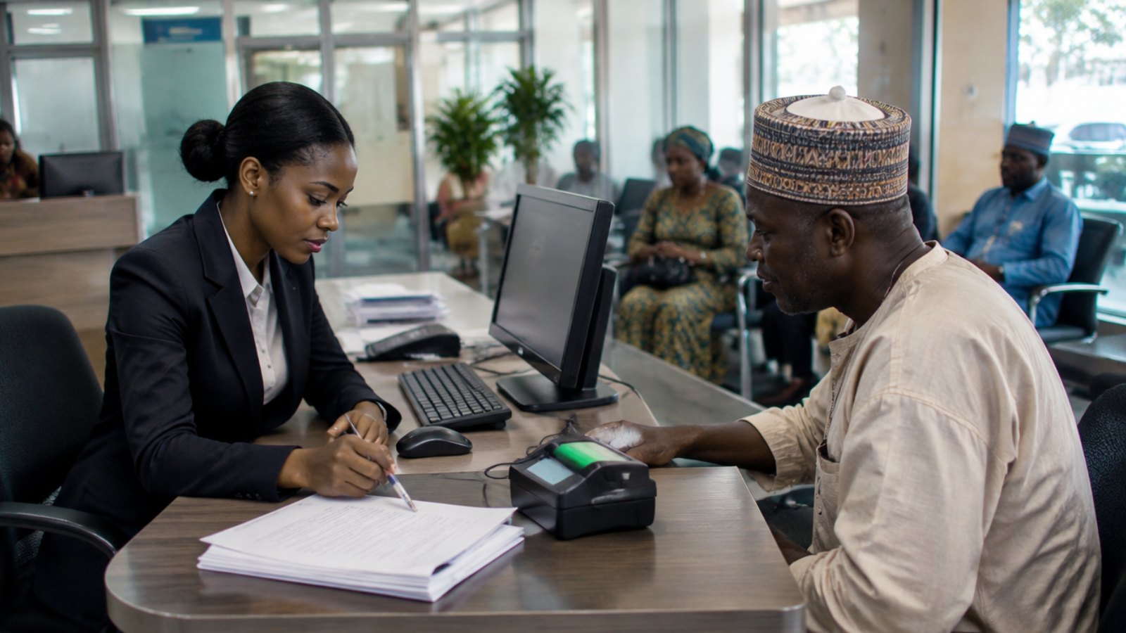 Bankmitarbeiterin in Nigeria hilft einem Kunden bei der Kontoeröffnung mit biometrischer Prüfung