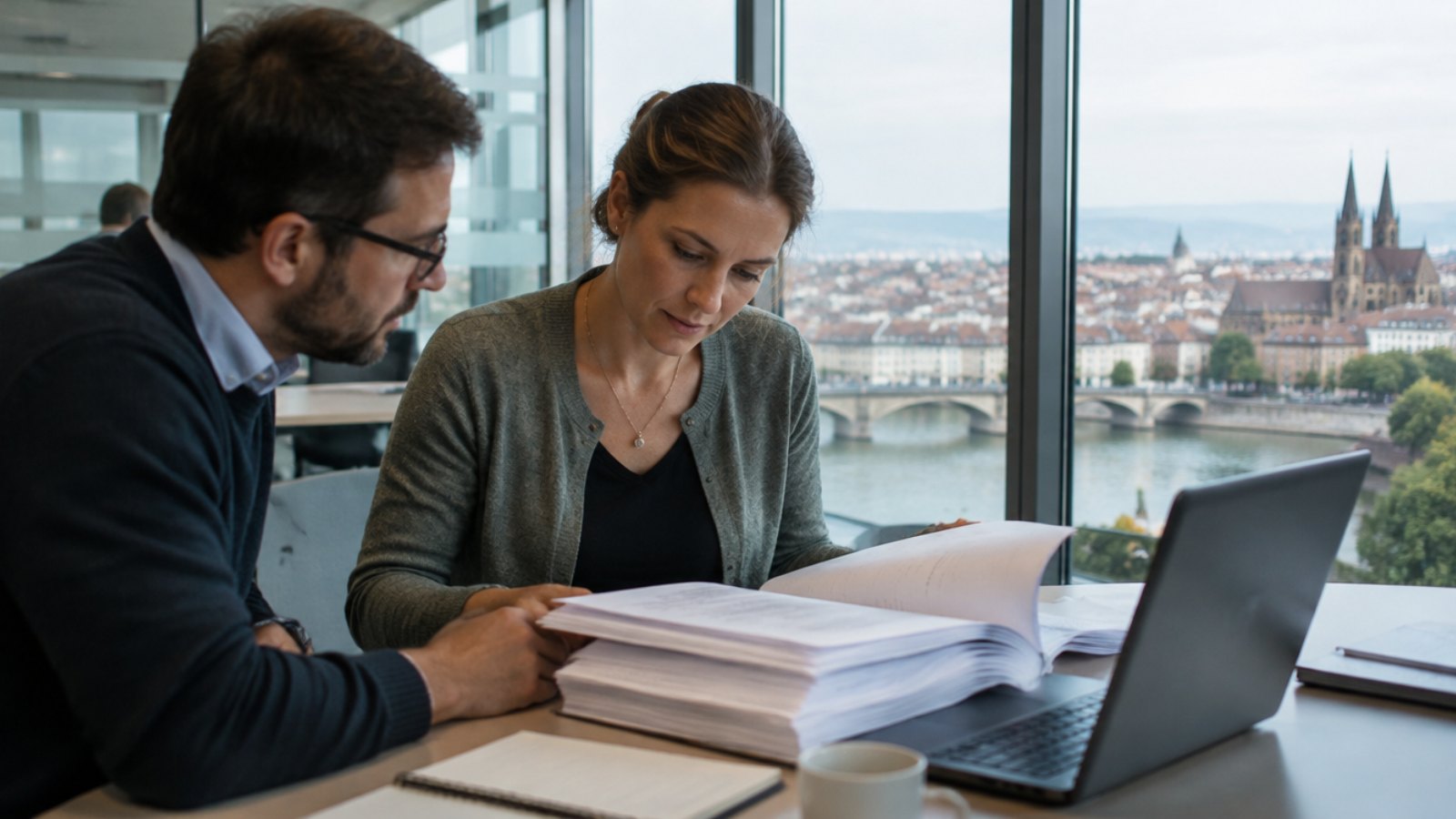 Staff at a pharmaceutical company in Basel reviewing a confidential regulatory dossier