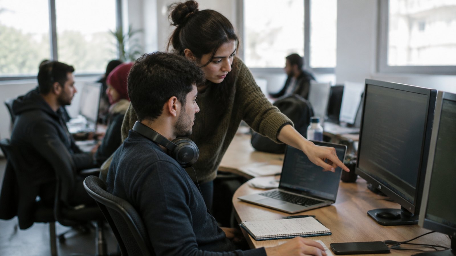 Tunisian developers working on screens in an open plan office near Tunis