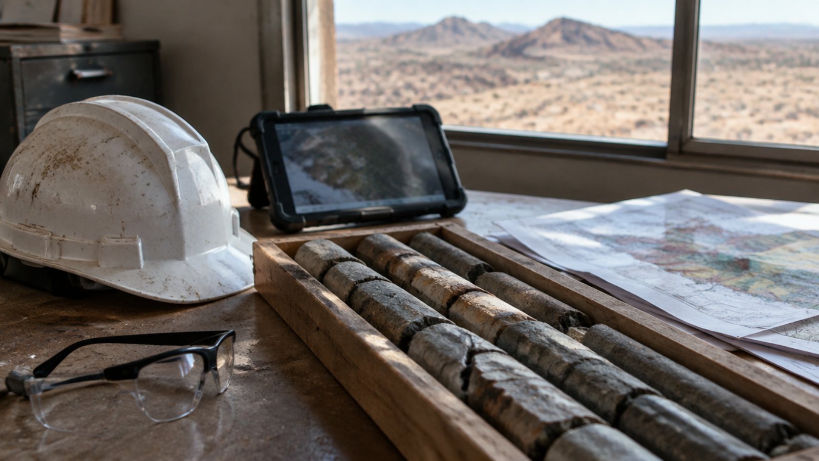 Hard hat, drill core samples, a tablet and survey drawings on a mine office table