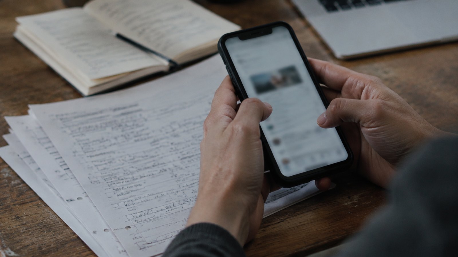 Mains tenant un smartphone au-dessus de formulaires papier de bénéficiaires sur un bureau en bois