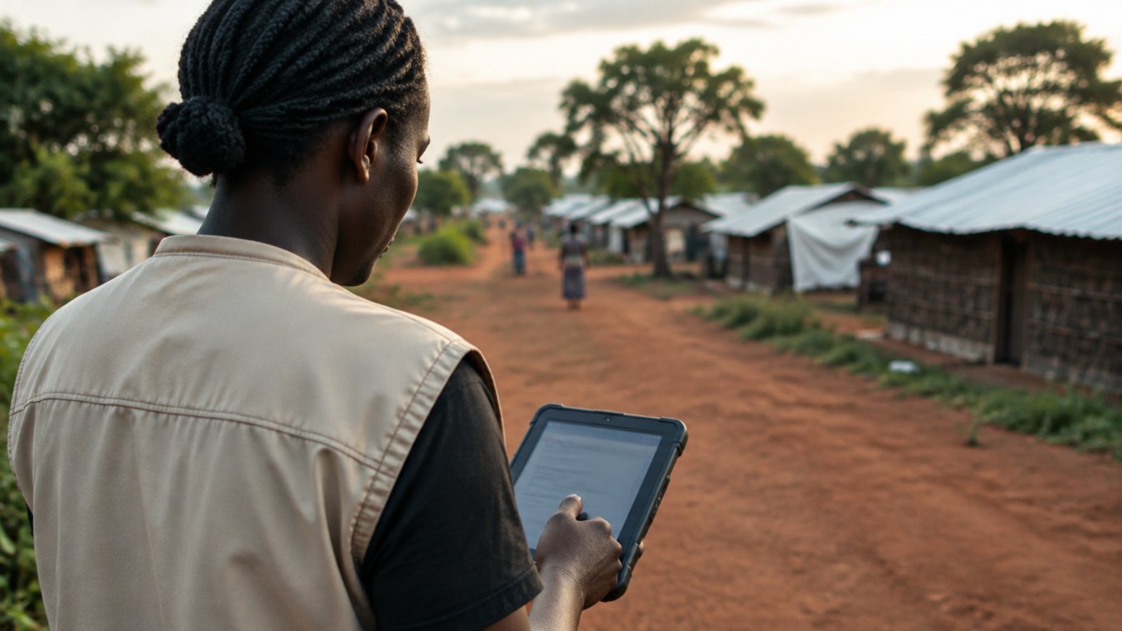 Humanitarian worker entering beneficiary data on a tablet in a refugee settlement in Uganda