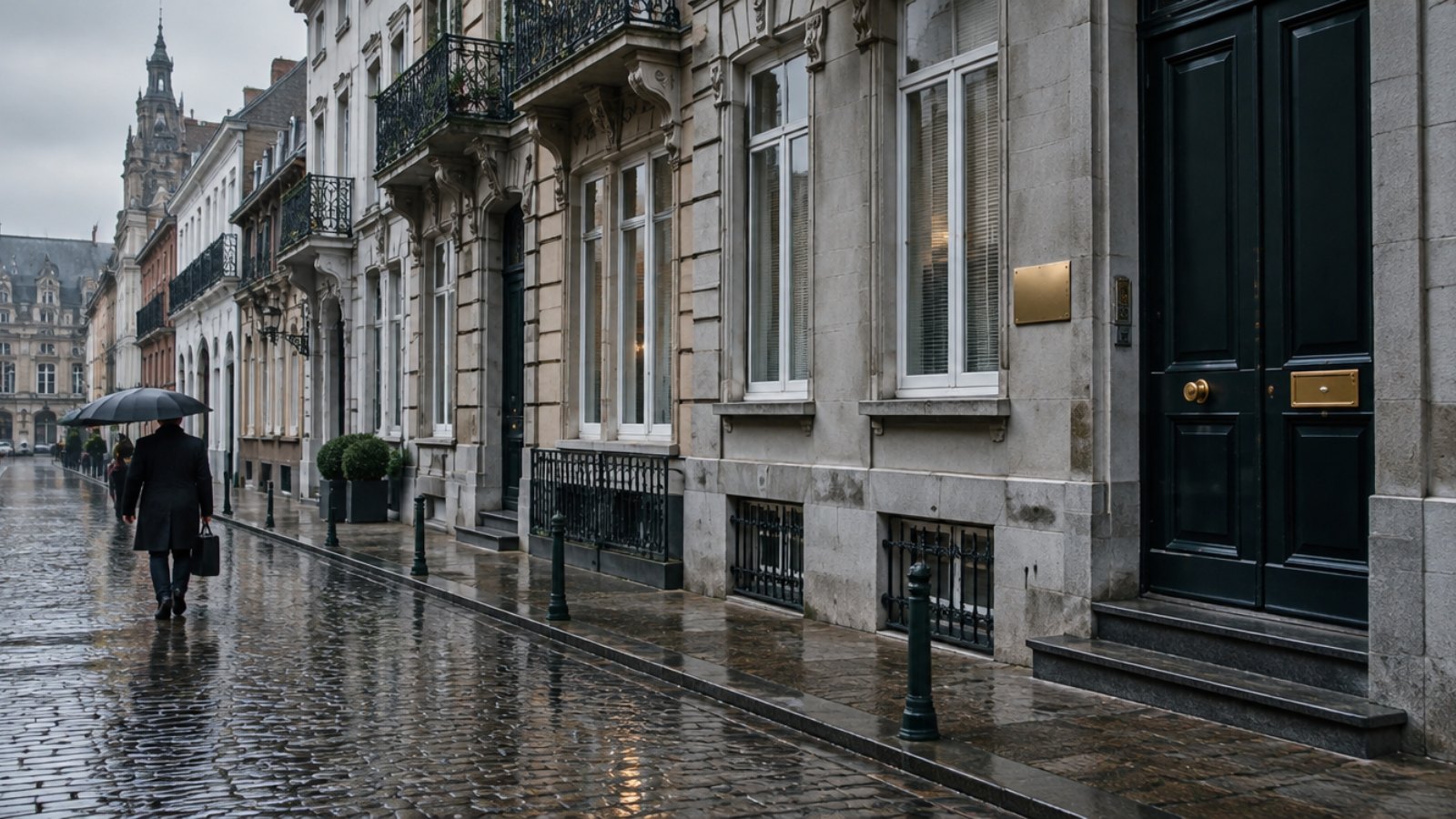 Rue pavée de Bruxelles sous la pluie bordée de maisons de maître abritant des cabinets