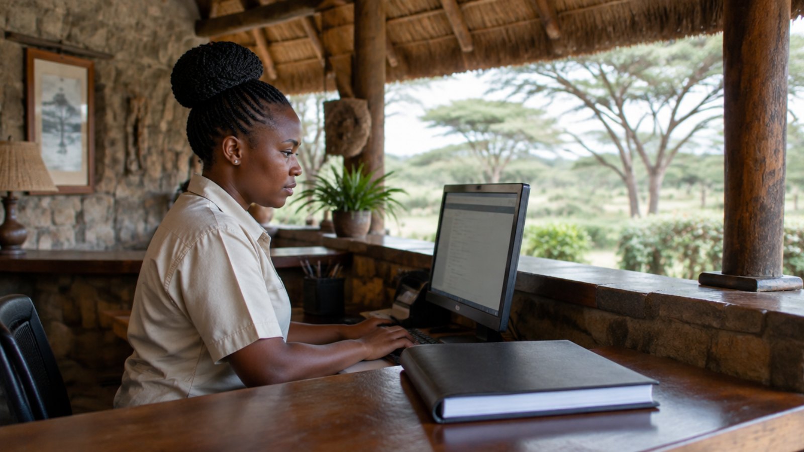 Rezeptionistin einer Safari-Lodge bei Arusha prüft eine Buchung am Computer