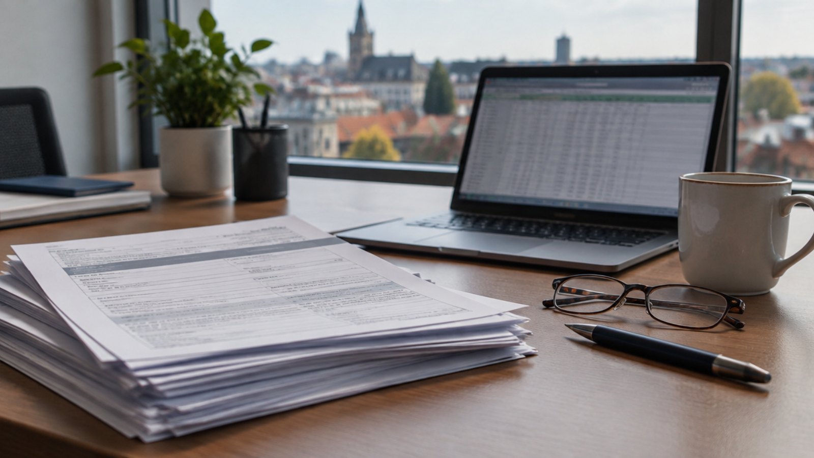 Desk in a Dutch municipal office with printed forms and a laptop