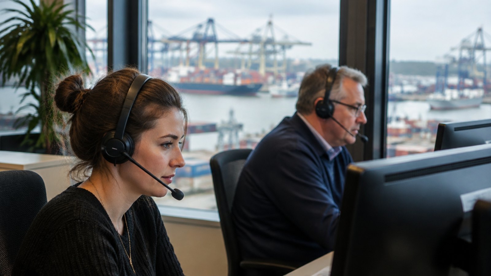 Mitarbeitende im Kundenservice eines Logistikunternehmens im Hafen von Antwerpen am Telefon