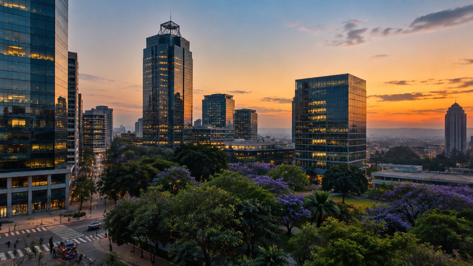 Office towers of the Sandton financial district in Johannesburg at dusk