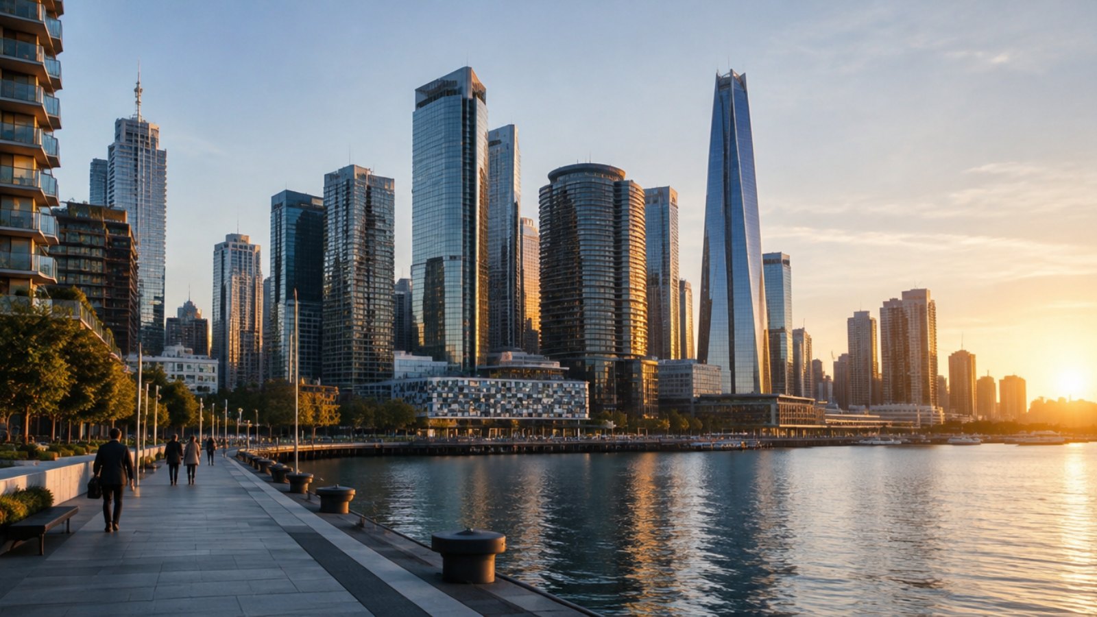 Sydney central business district office towers seen from Barangaroo at sunrise