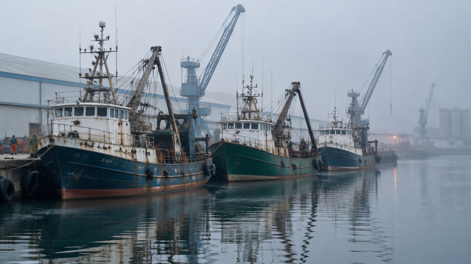 Fishing trawlers moored in the port of Walvis Bay, Namibia, in the early morning