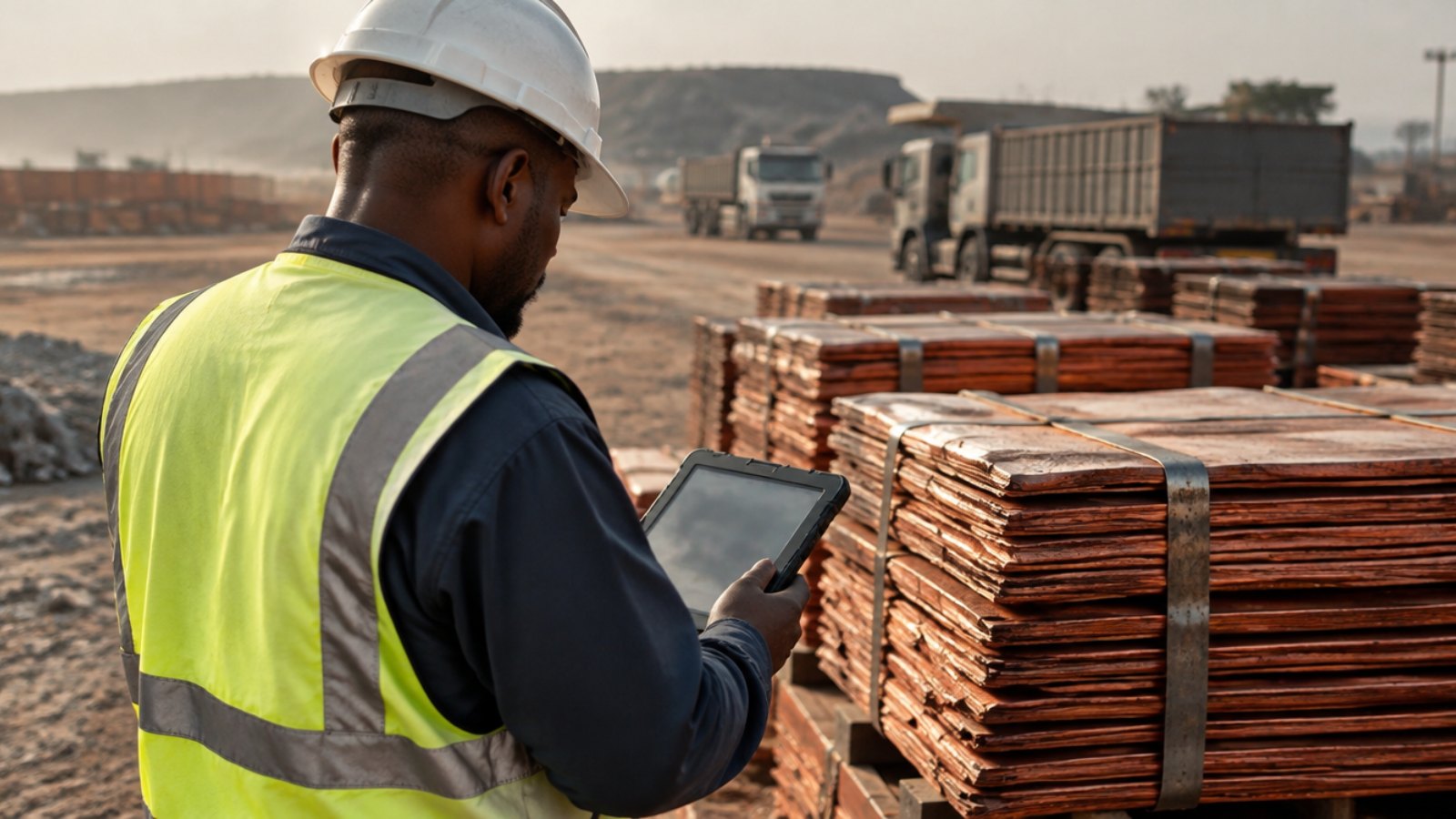 Logistics officer with a tablet next to copper cathodes in a mine export yard