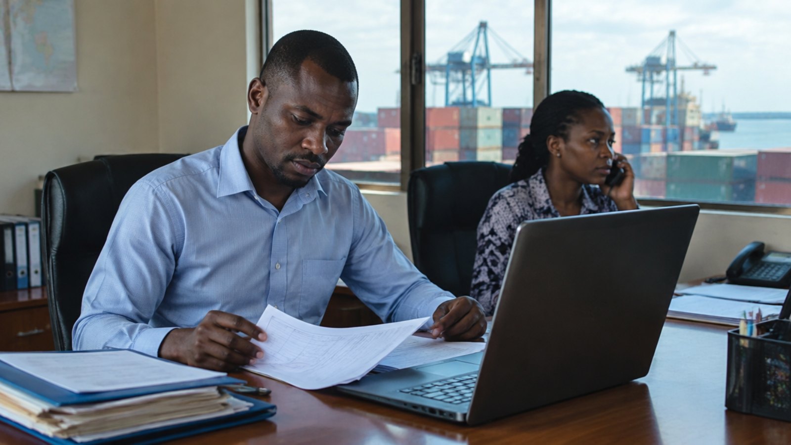 Logistikbüro am Hafen von Dar es Salaam, ein Mitarbeiter bearbeitet Versanddokumente