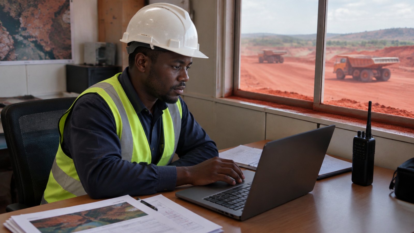 Guinean engineer in a bauxite mine site office in Boké