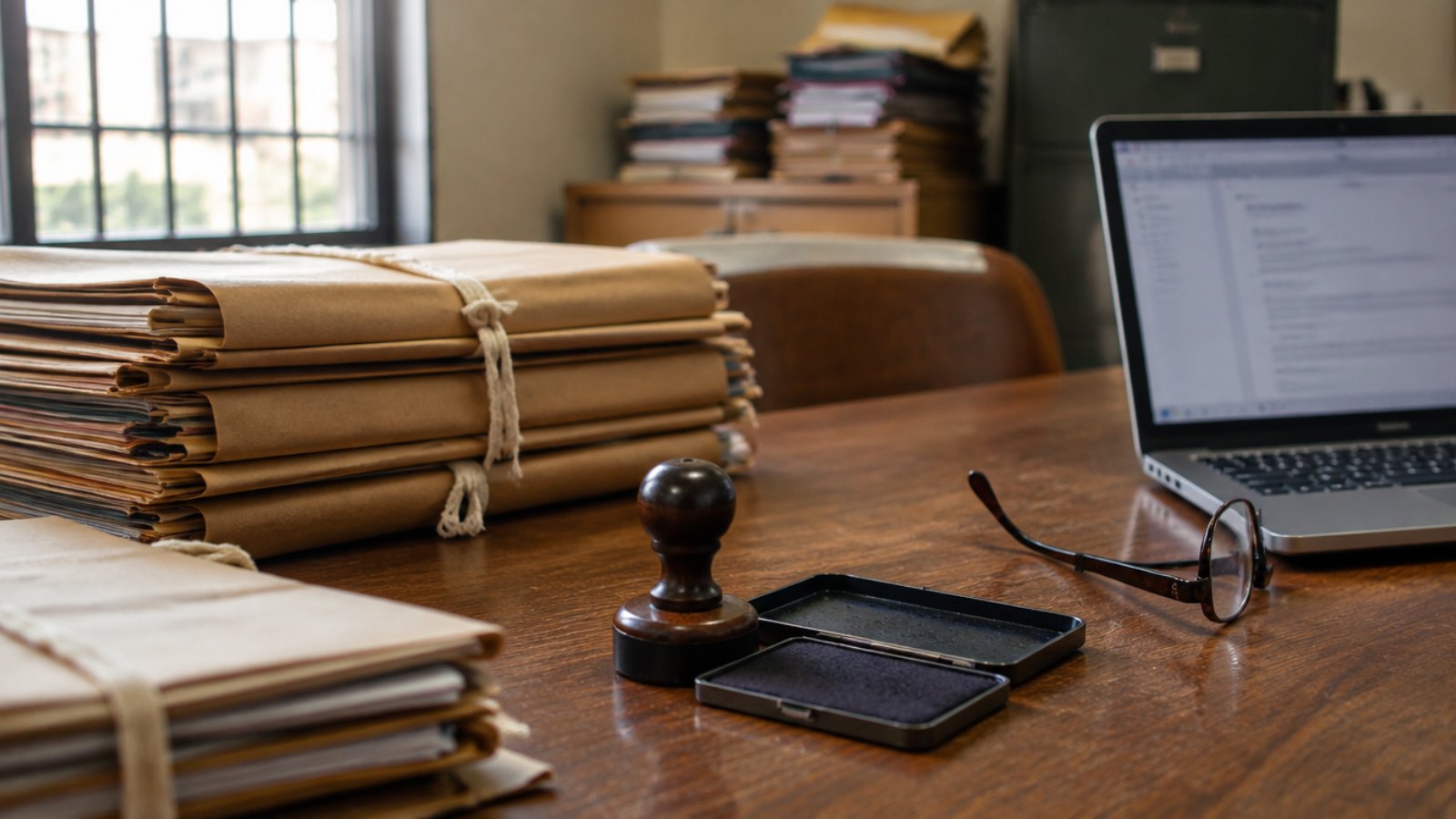 Public office desk with tied folders, an ink stamp and a laptop