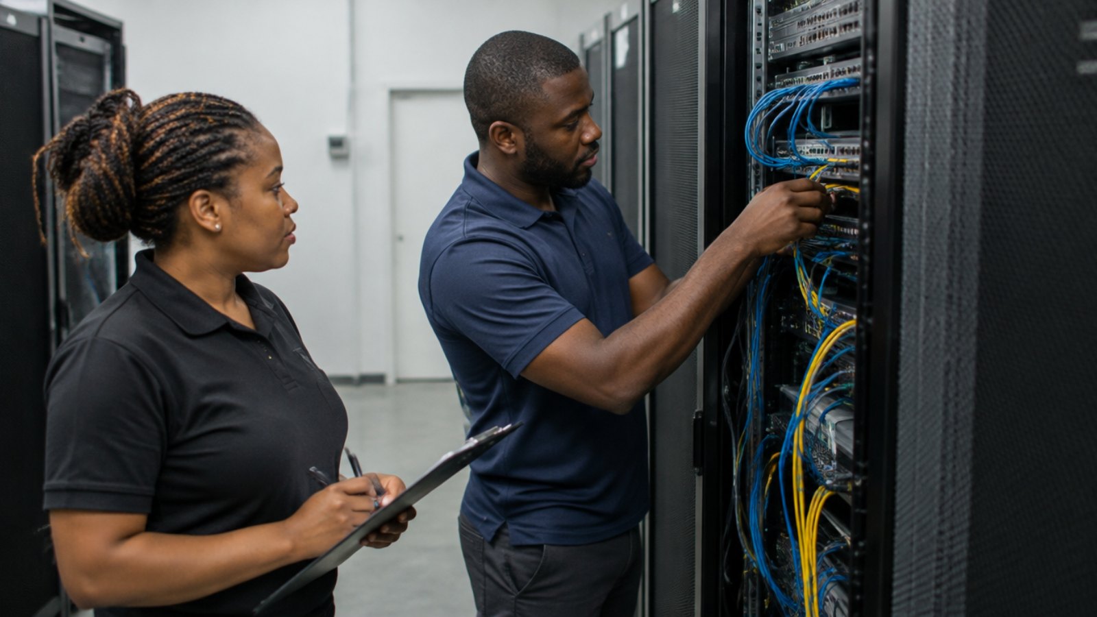 Técnico informático gabonés revisando un rack de servidores en una empresa de Port-Gentil