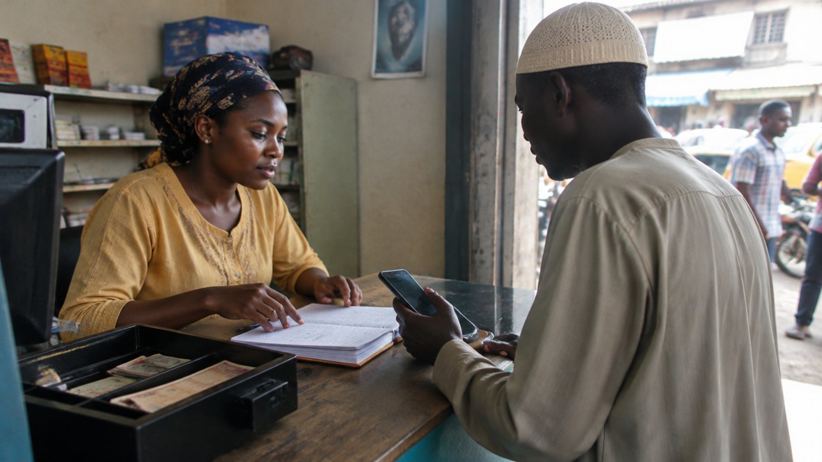 Mobile money agent serving a customer at a counter in a Dakar neighborhood