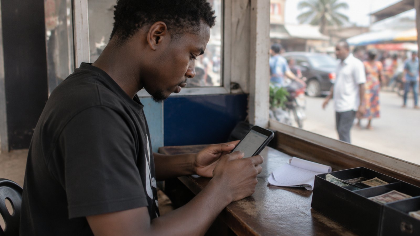 Money transfer agent at a kiosk counter in Serrekunda entering a transaction on his smartphone