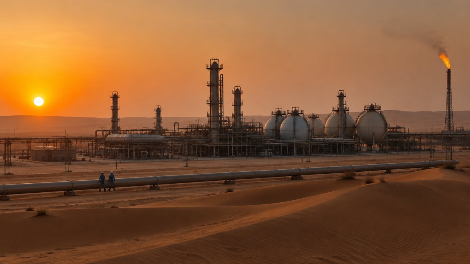 Gasaufbereitungsanlage in der algerischen Wüste bei Sonnenuntergang