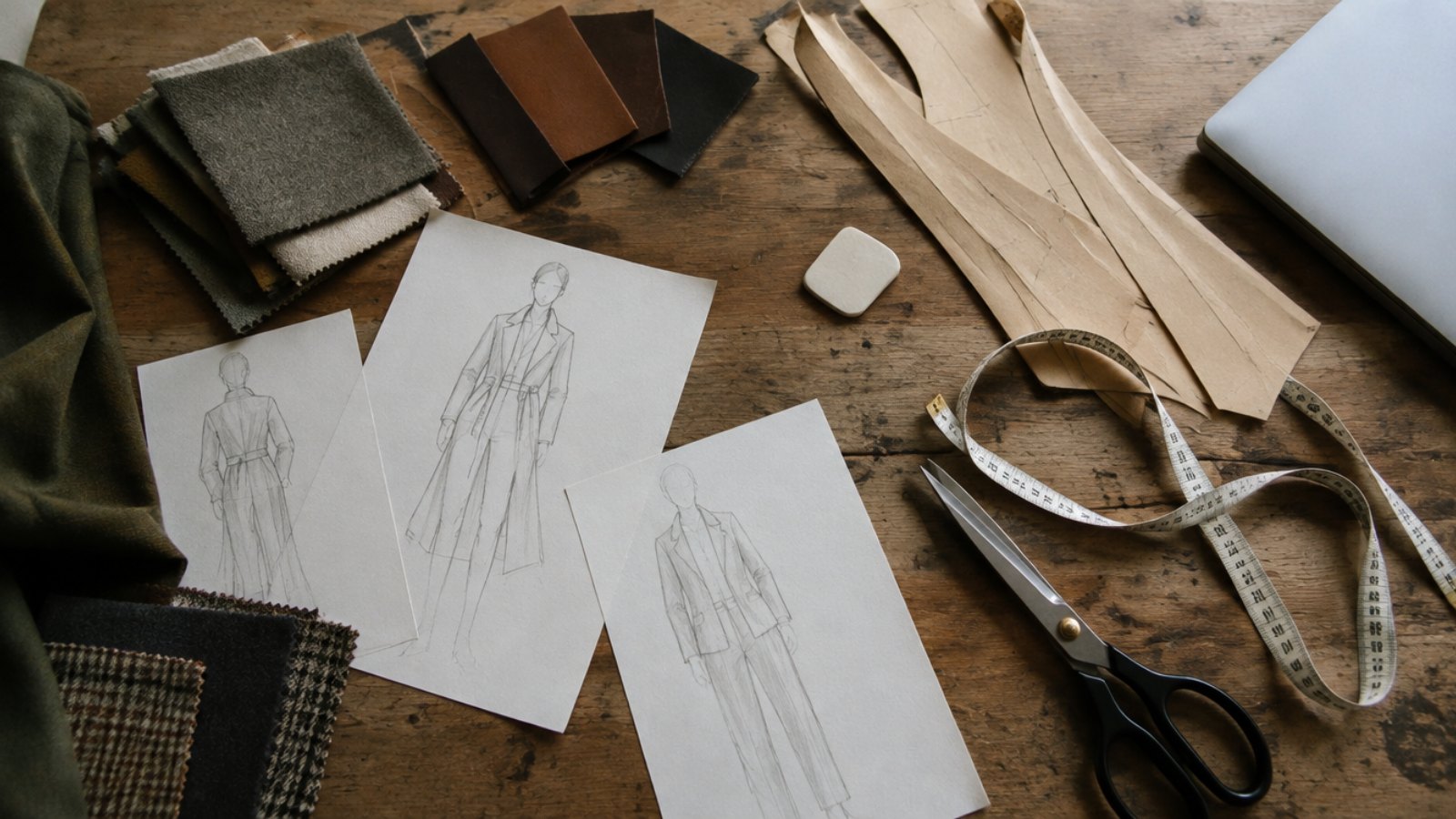 Échantillons de tissus, croquis de mode et patrons sur l'établi d'un atelier italien