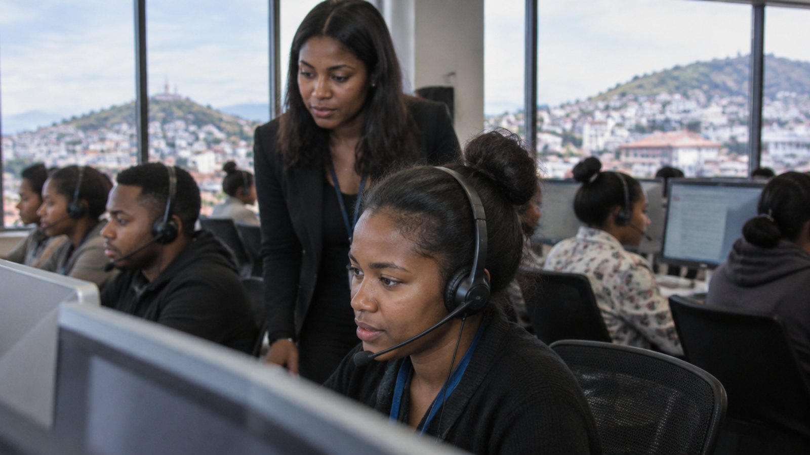 Callcenter in Antananarivo mit madagassischen Mitarbeitenden mit Headsets an ihren Computern