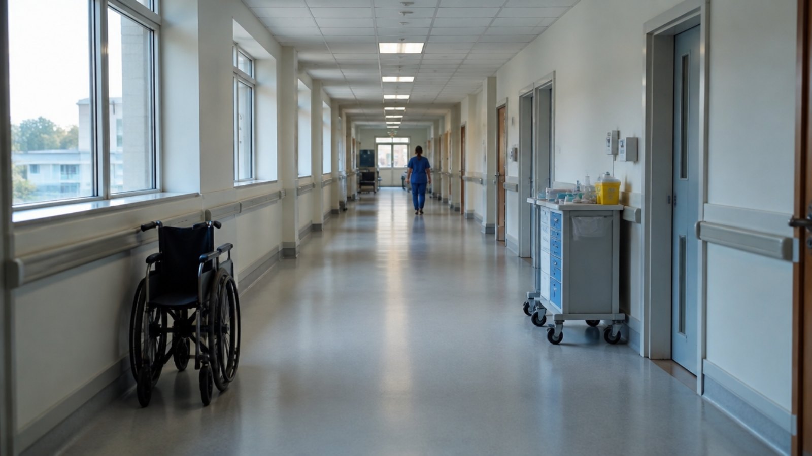 Corridor of a UK public hospital in the early morning with a healthcare worker in the distance