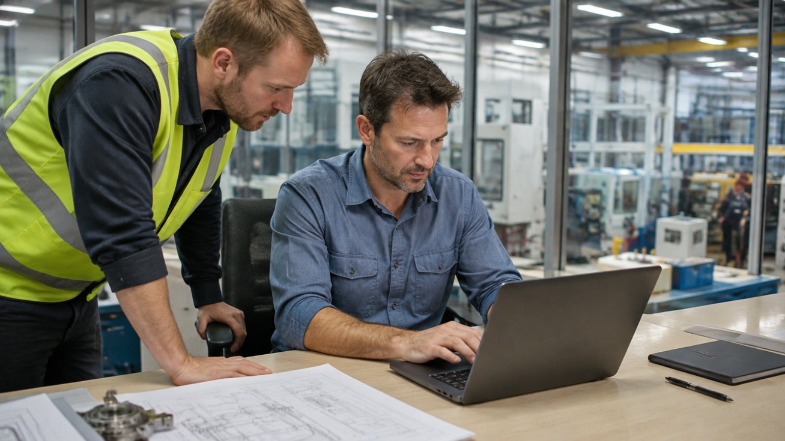 Deutscher Ingenieur nutzt einen KI-Assistenten im Büro einer Fabrik