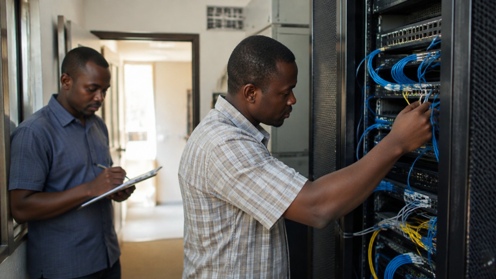 Técnico informático revisando un armario de servidores en un edificio de oficinas de Bamako