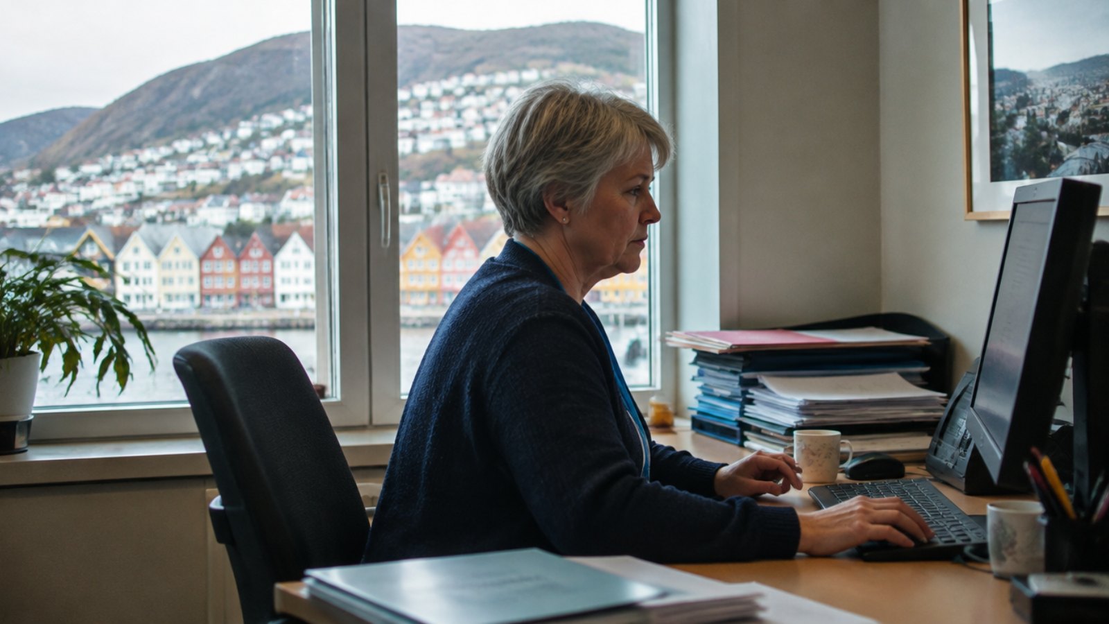 Medizinische Sekretärin eines norwegischen Krankenhauses arbeitet am Computer