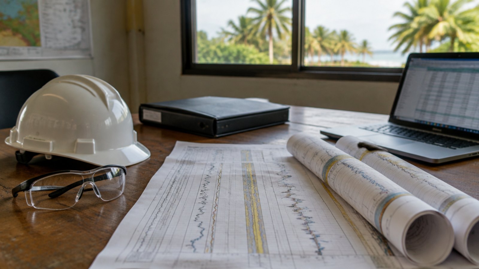 Hard hat, printed well logs and a laptop on an oilfield site office table
