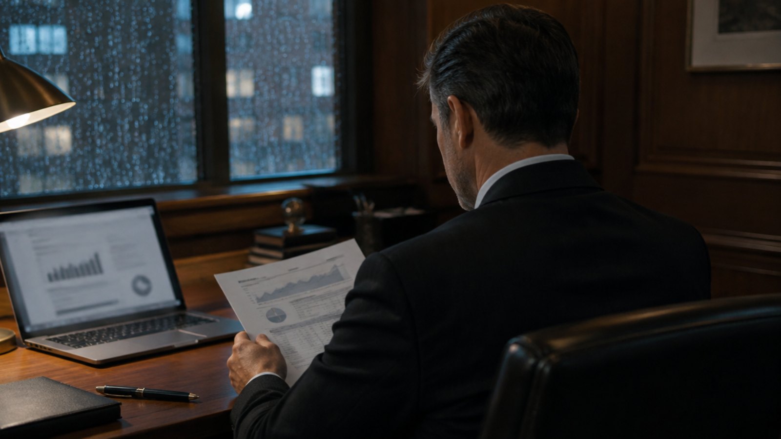 Banquier privé relisant un rapport de portefeuille tard le soir dans un bureau boisé