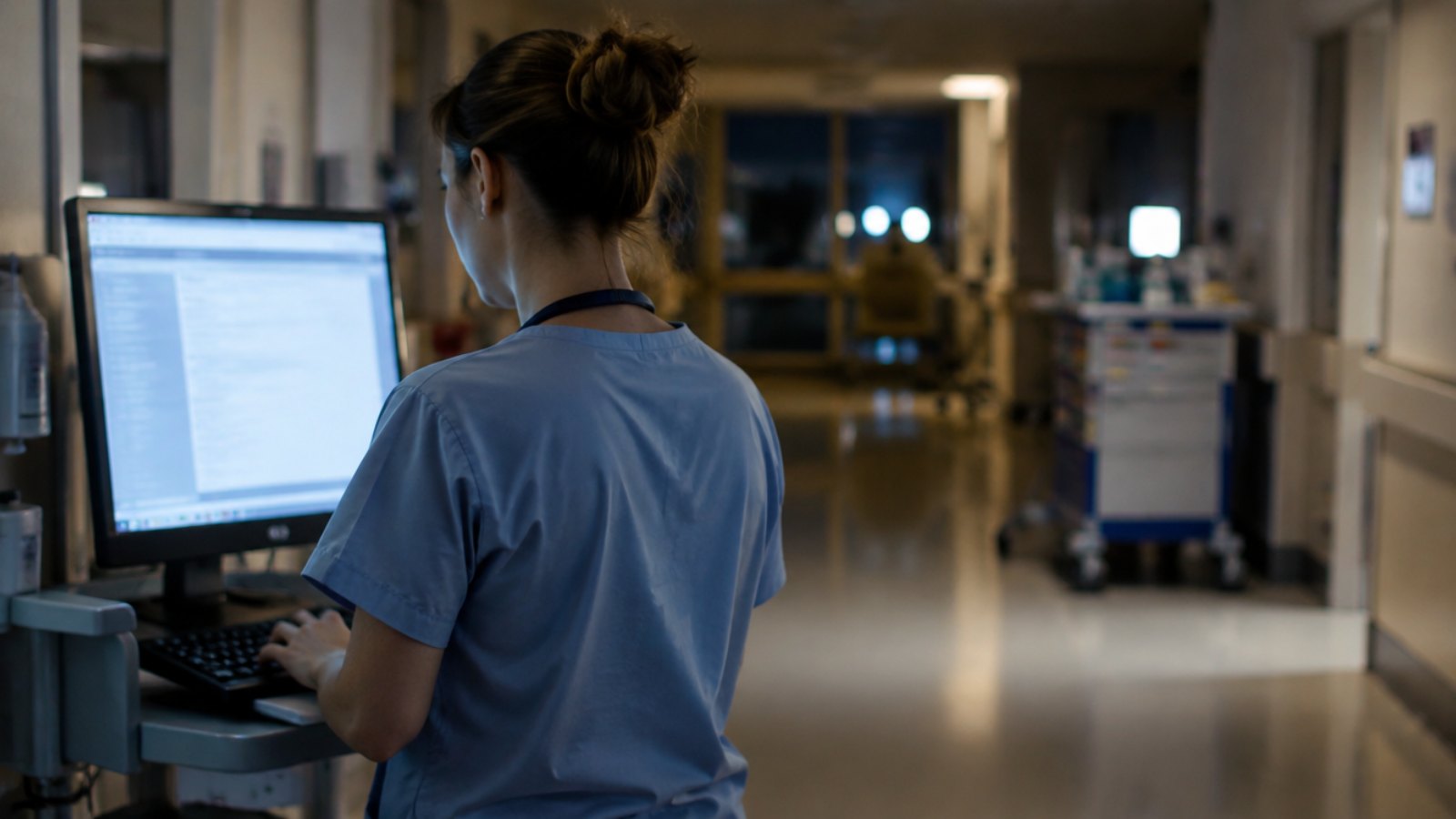 Pflegekraft arbeitet nachts an einem Computerarbeitsplatz im Krankenhausflur