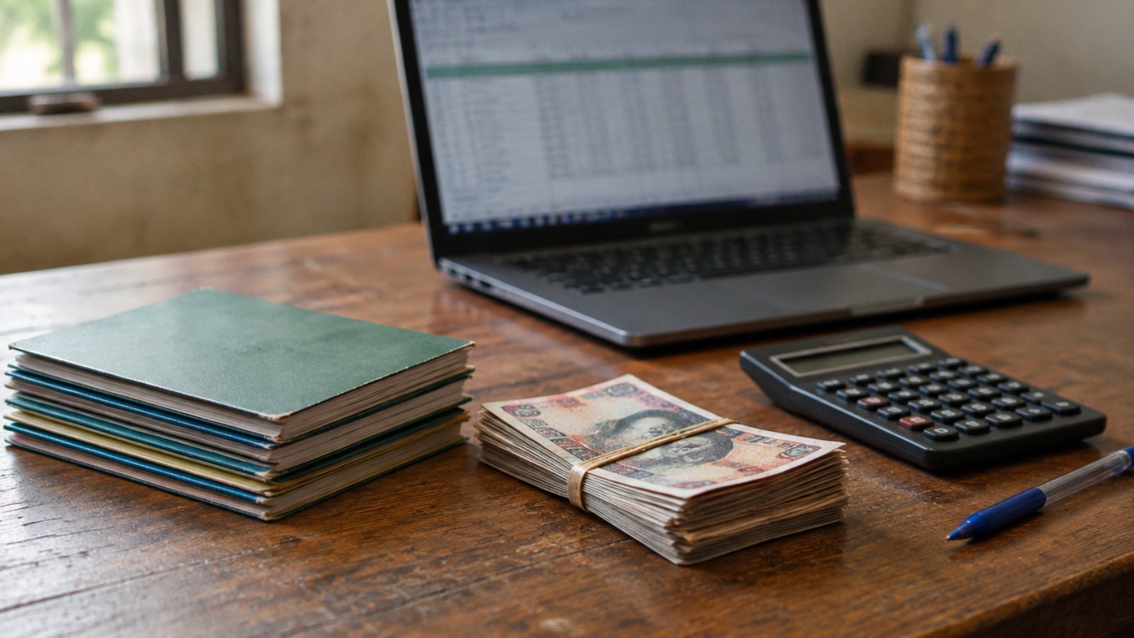 Savings passbooks, a bundle of banknotes, a calculator and a laptop on a microfinance office desk