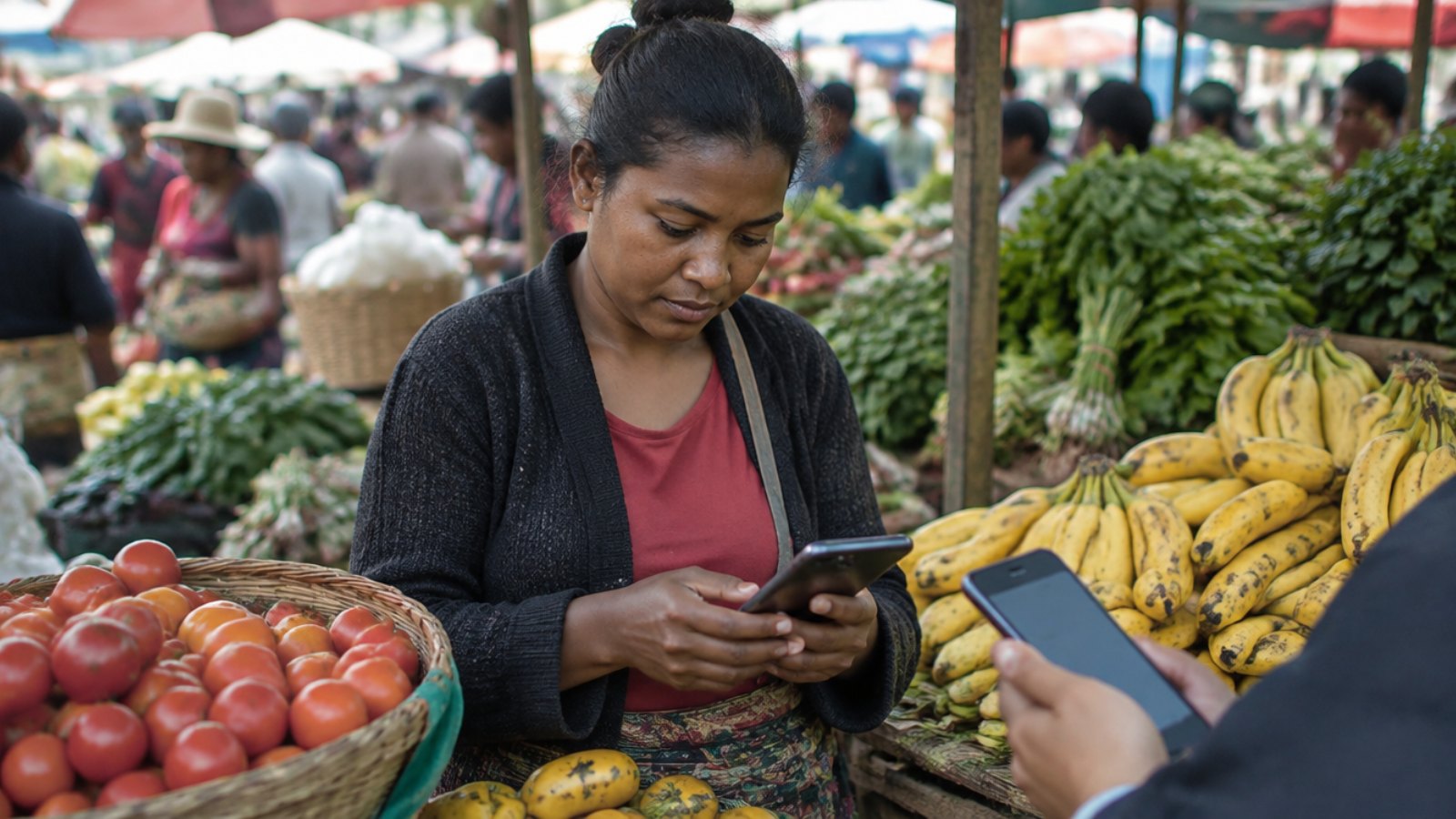 Malagasy market vendor receiving a mobile money payment on her phone