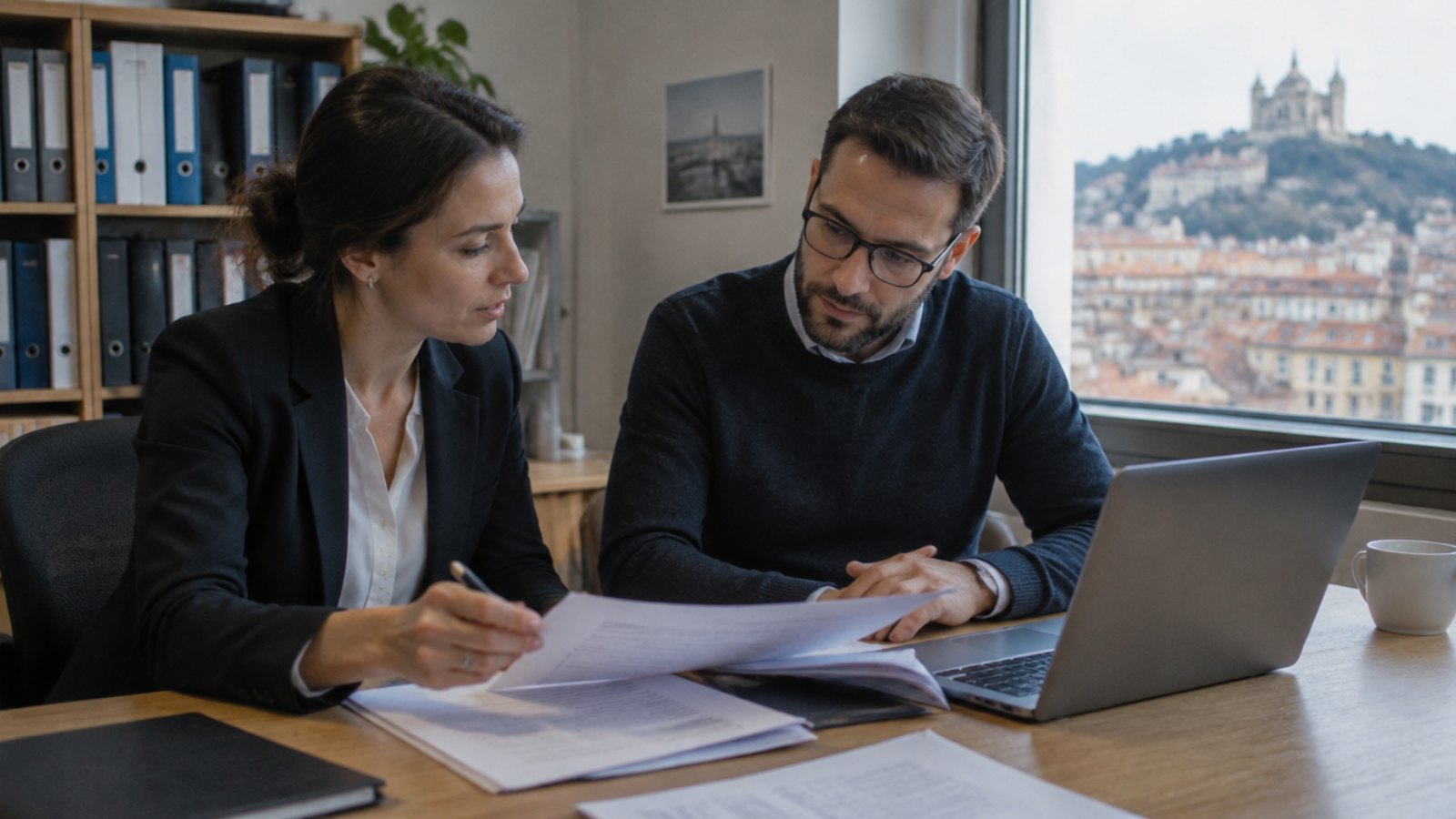 Personalleiterin und Datenschutzbeauftragter eines Unternehmens in Lyon prüfen Unterlagen zur Nutzung generativer KI