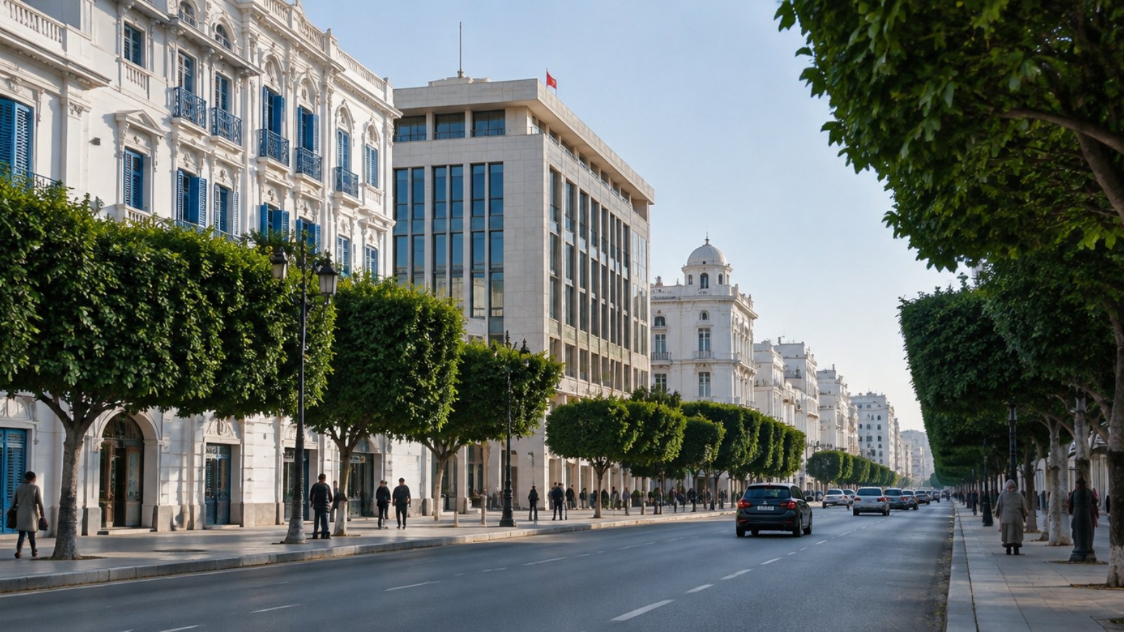 Tree-lined boulevard in central Tunis with office buildings