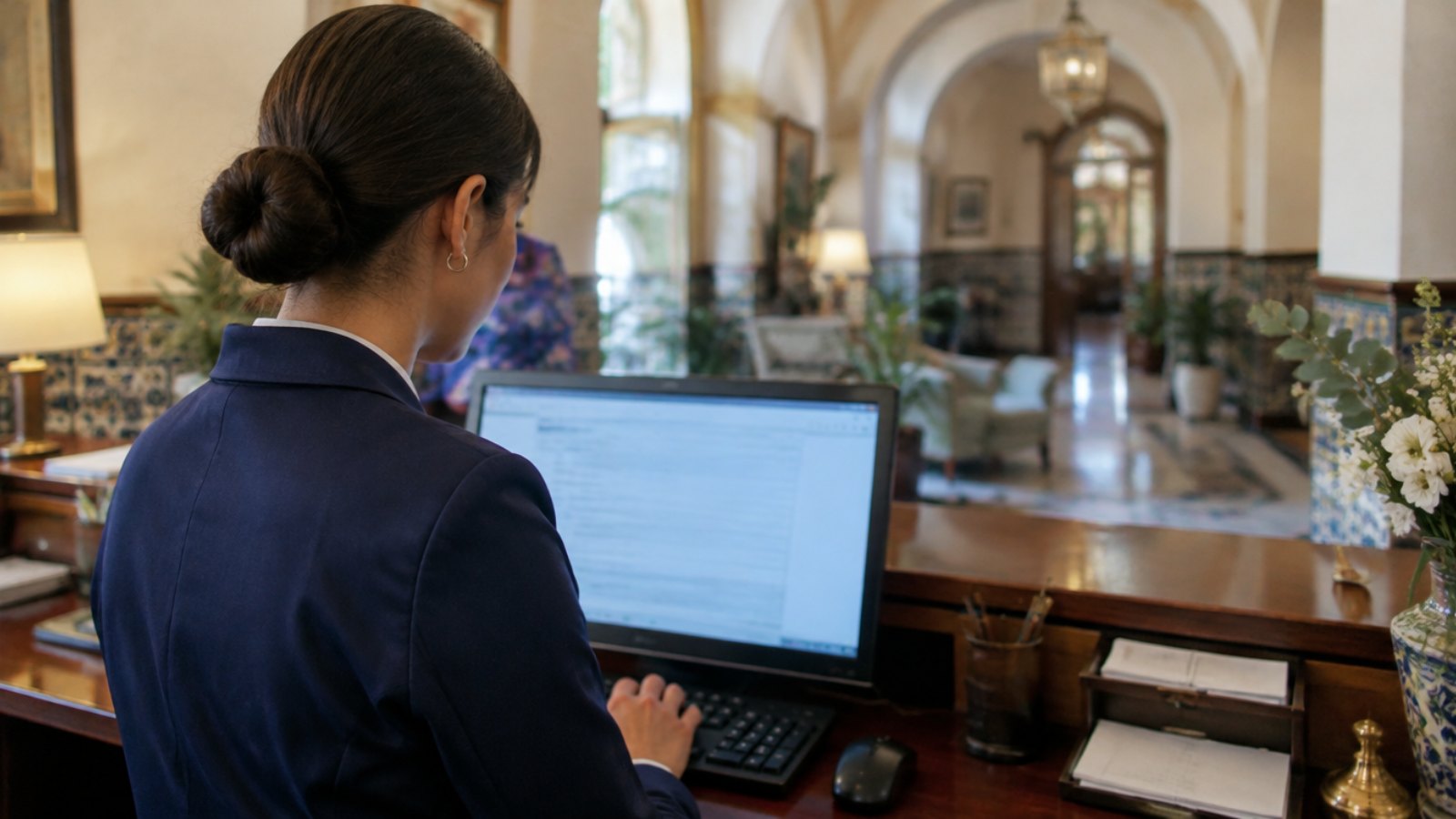 Rezeptionistin eines spanischen Hotels erfasst eine Buchung am Computer