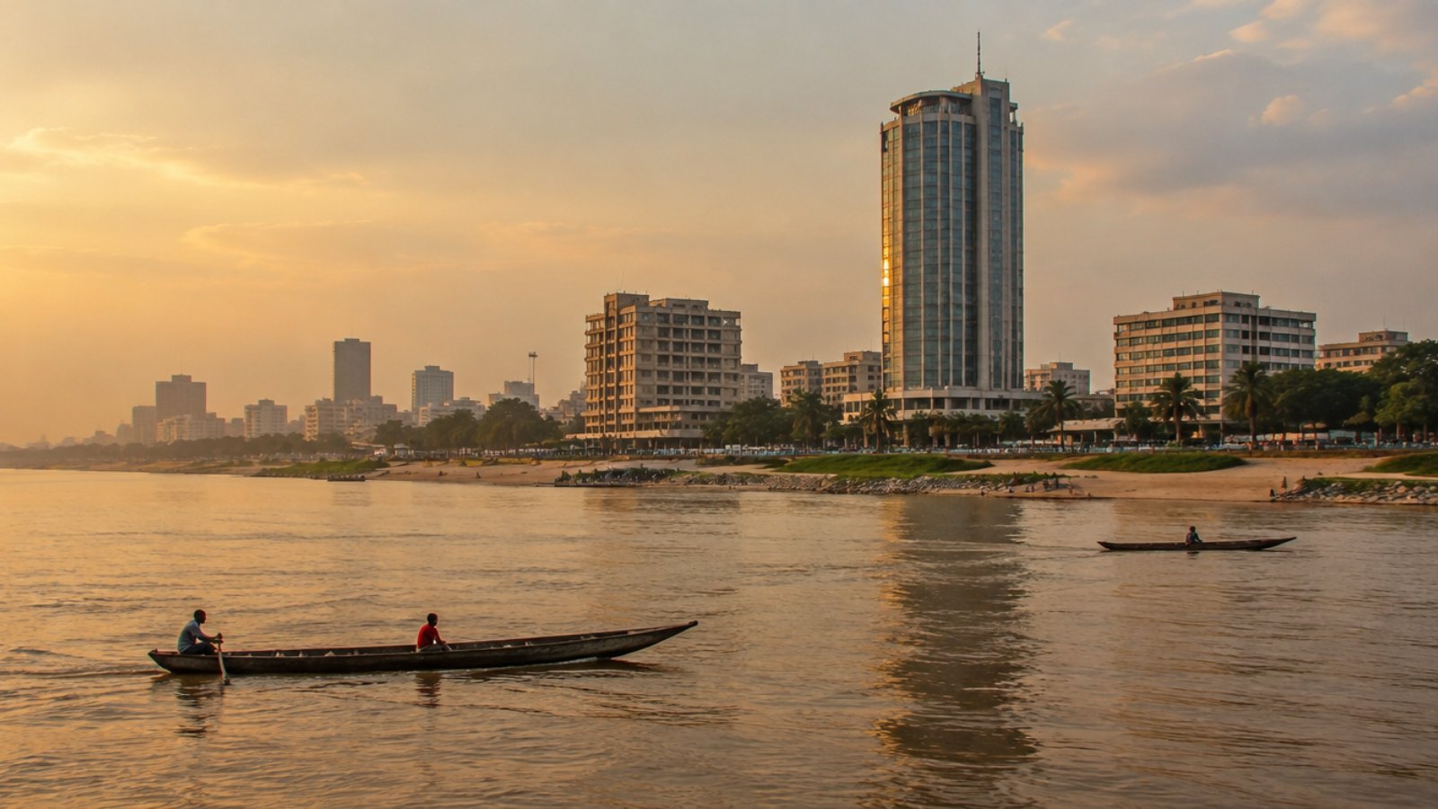 Orilla del río Congo en Brazzaville al atardecer, con edificios y piraguas
