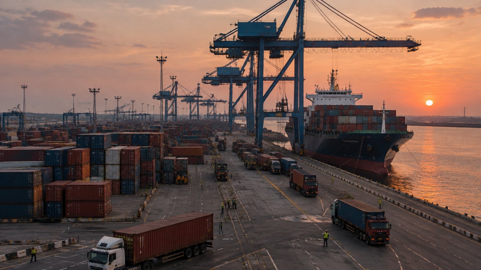 Container cranes and trucks at the Port of Lomé at dusk