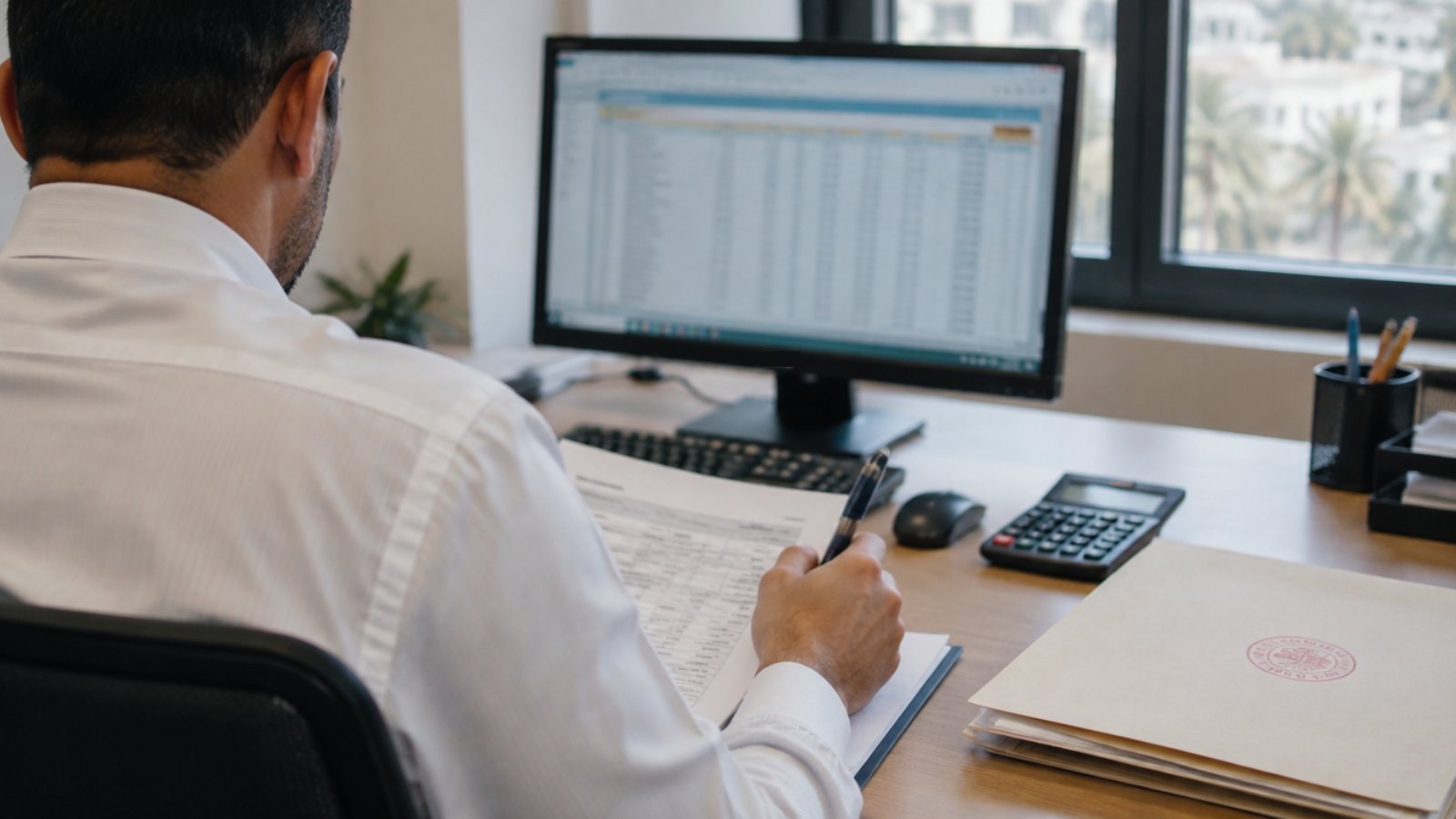 Tunisian bank advisor reviewing a printed client file at his desk