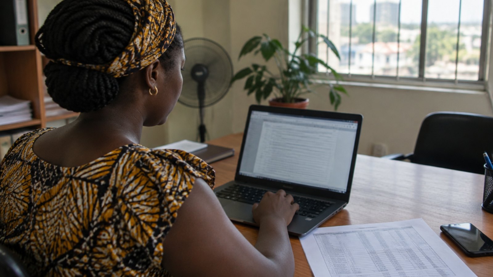 Over-the-shoulder view of a woman working on a laptop in an NGO office in Conakry