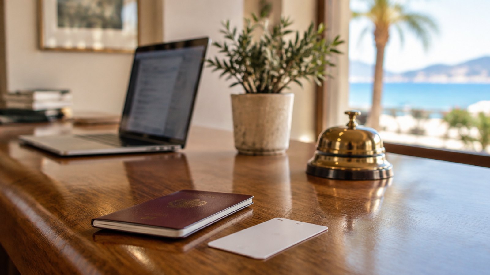 Passport and room key card on a Spanish hotel reception desk