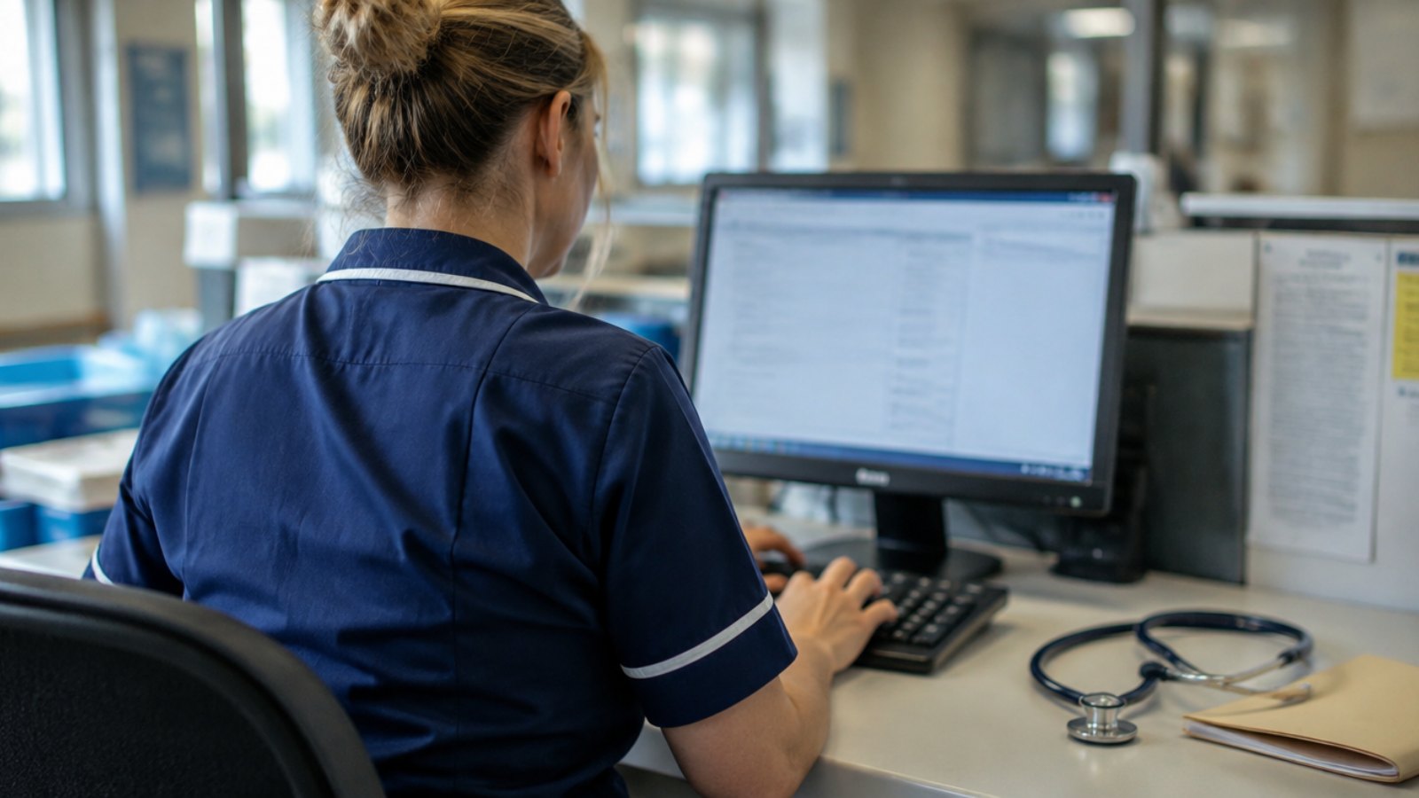 Over the shoulder view of a UK nurse working at a computer on a hospital ward