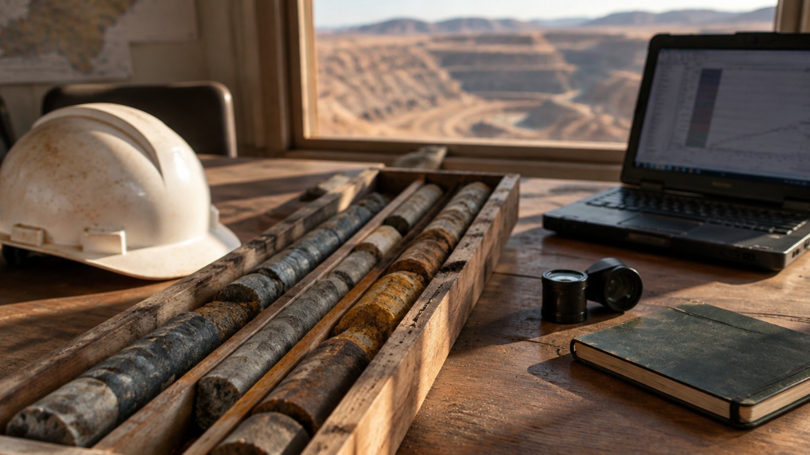 Hard hat, drill core samples and laptop on a table in a mine site office in Namibia
