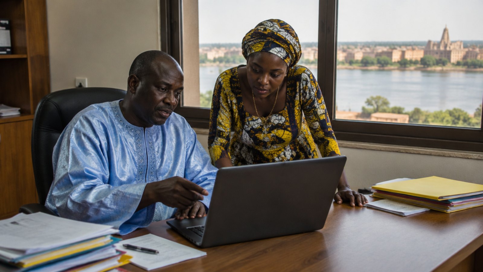 Malian colleagues discussing work around a laptop in an office in Bamako