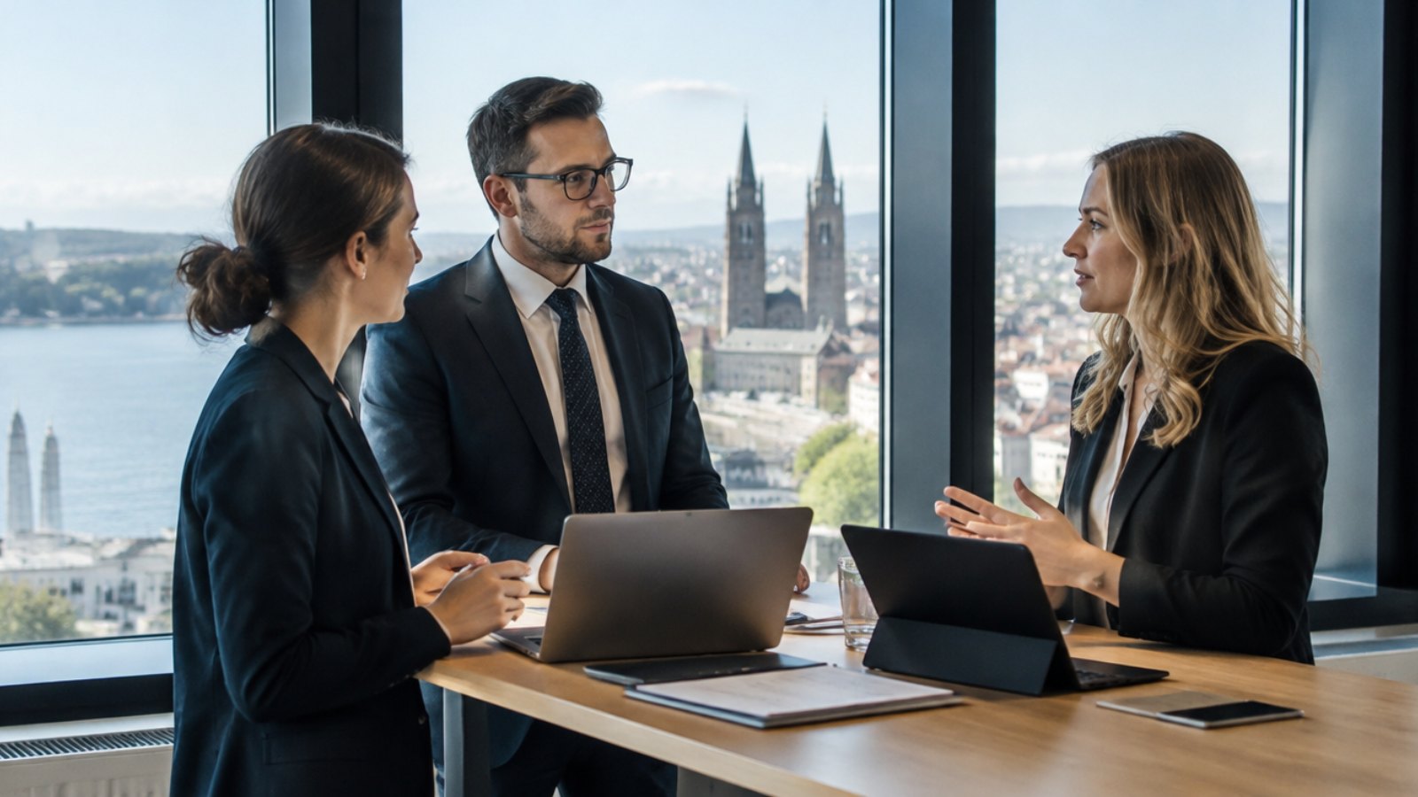 Finance professionals talking in an office overlooking Lake Zurich