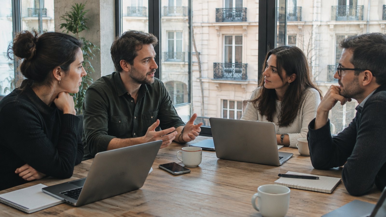 Team of Spanish professionals working together in a Madrid office