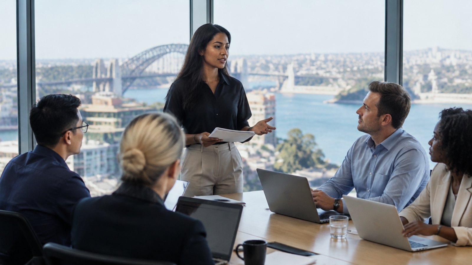 Team meeting in a Sydney office overlooking the harbour and the Harbour Bridge