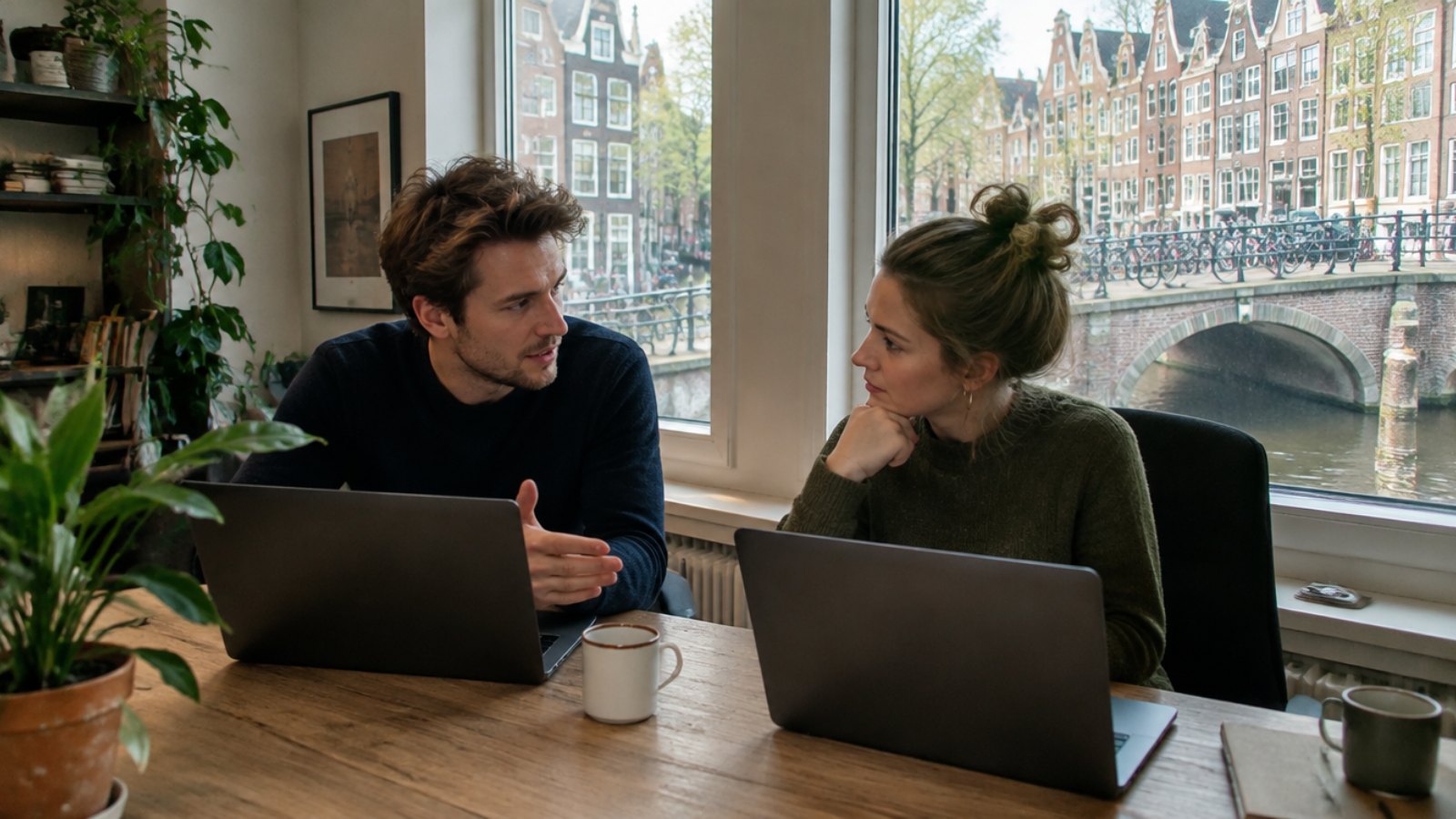 Two colleagues talking at their laptops in a canal house office in Amsterdam